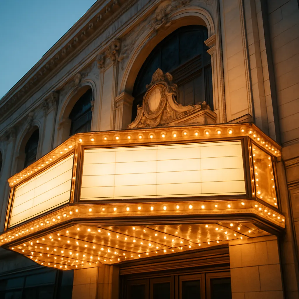 A theatre marquee glowing at night